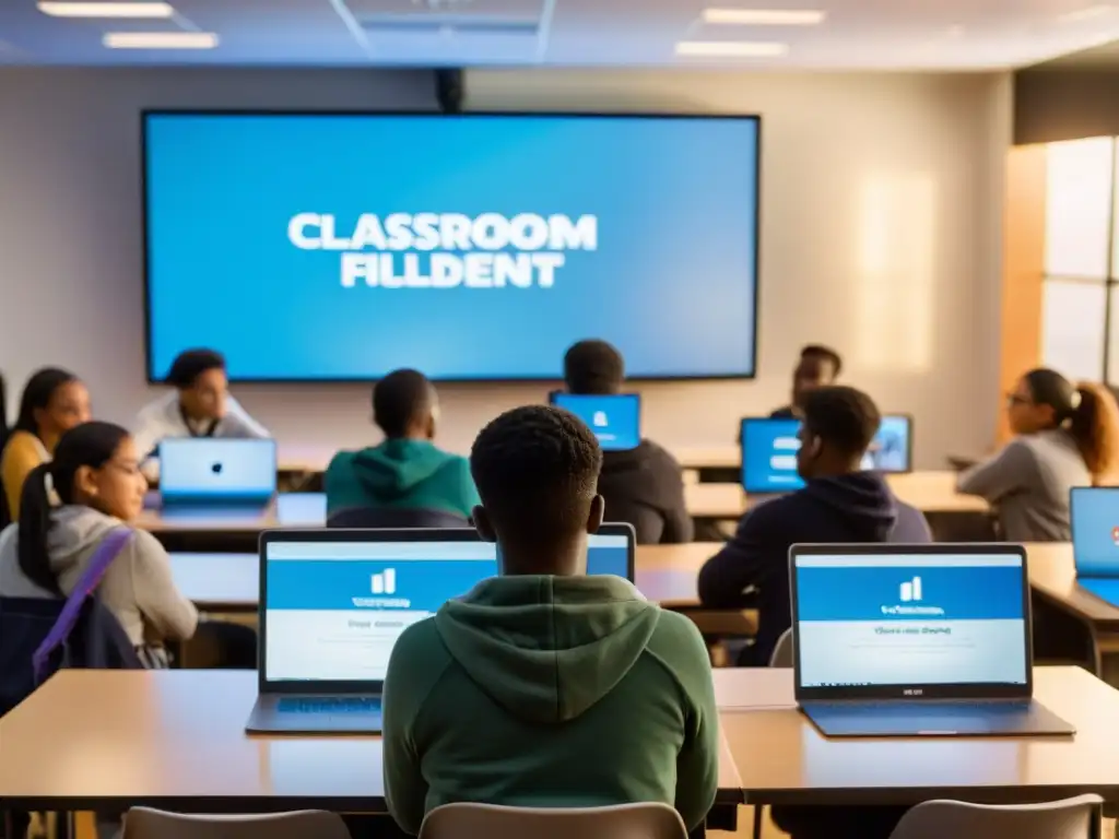 Un aula moderna llena de estudiantes inmersos en sus dispositivos digitales, con el impacto de las redes sociales en la educación de los estudiantes