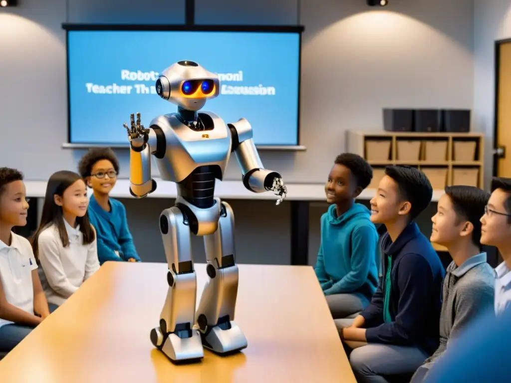 Un aula moderna llena de estudiantes participando en una dinámica discusión liderada por un robot profesor