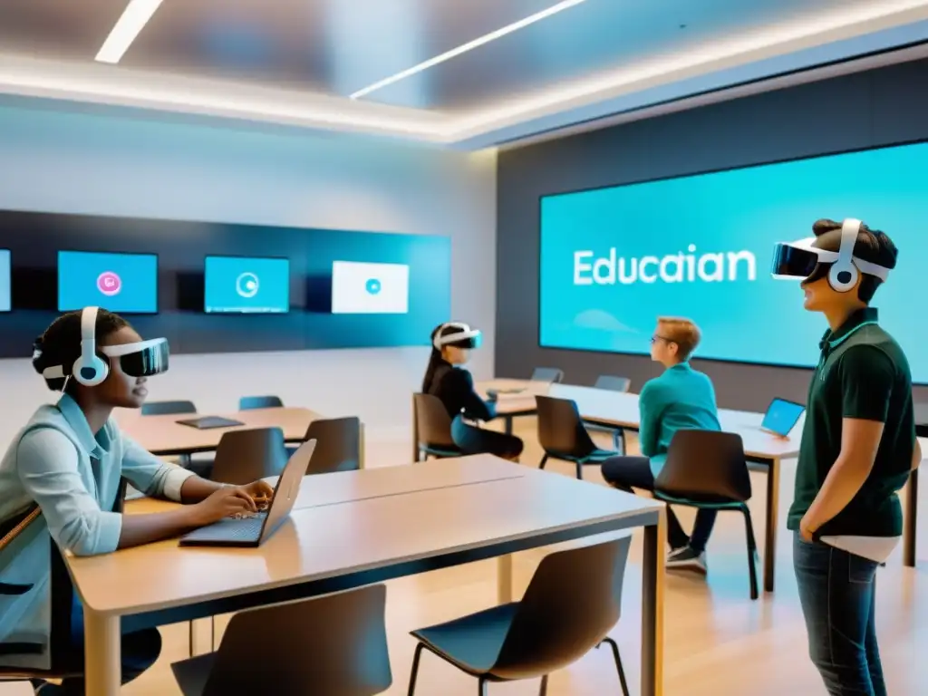 Aulas virtuales y realidad aumentada: Estudiantes interactúan con contenido educativo en aulas futuristas, llenas de luz natural y muebles modernos