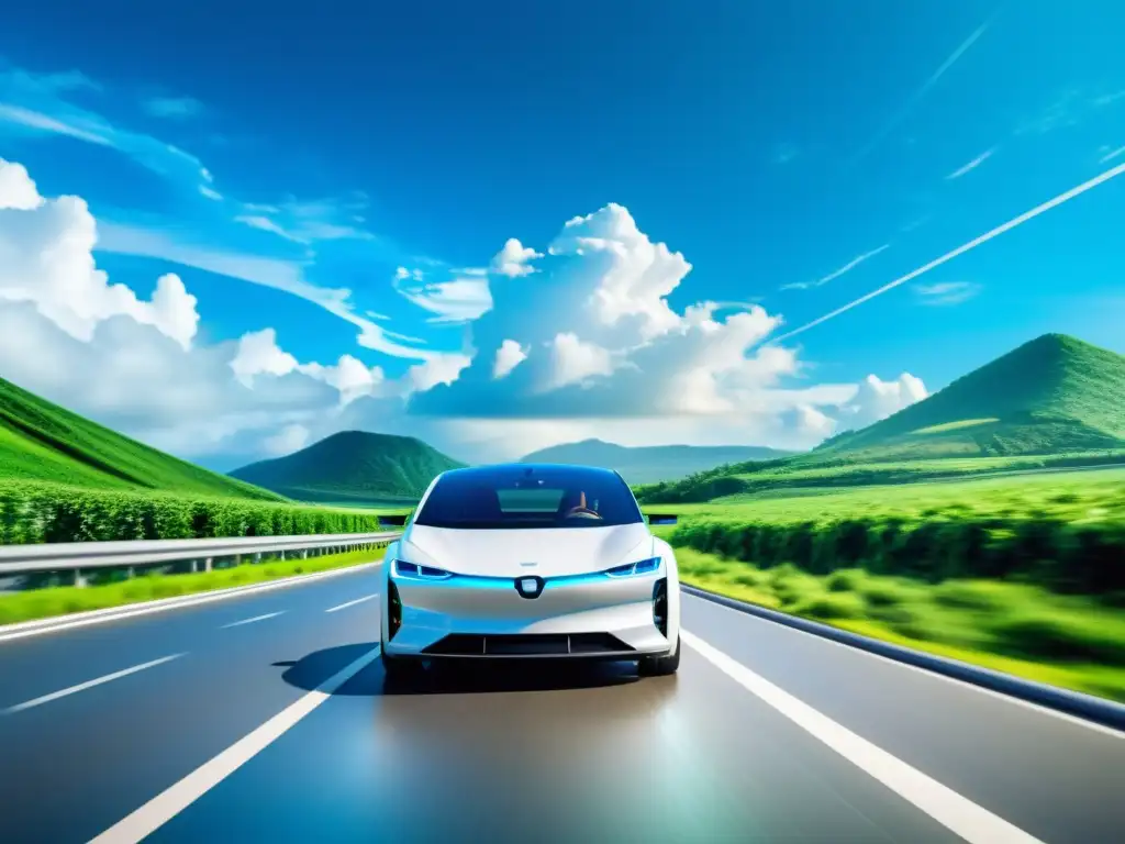 Un auto eléctrico futurista con tecnología 5G, recorre una carretera rodeada de vegetación, transmitiendo un ecoviaje tecnológico y sostenible para la reducción de la huella de carbono