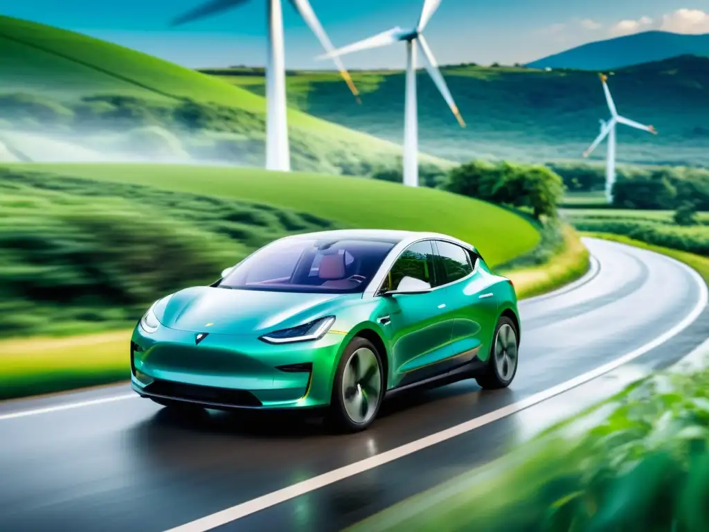 Un auto eléctrico moderno recorriendo un paisaje verde con molinos al fondo, destaca su diseño aerodinámico y ecoamigable