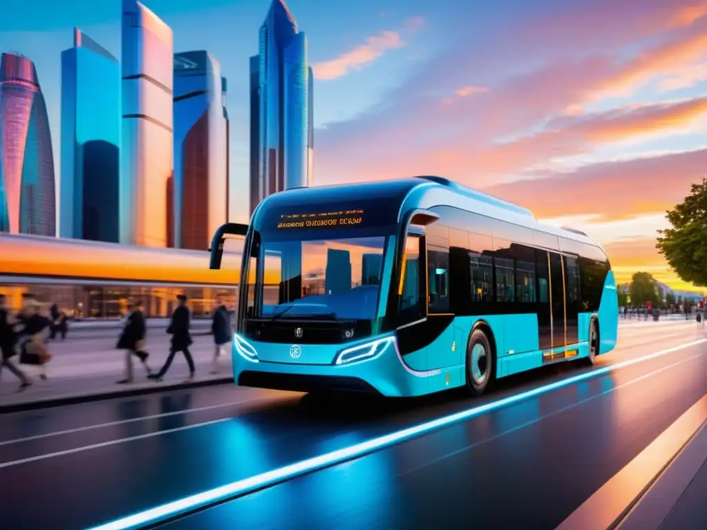 Autobuses del Futuro con 5G: Bus eléctrico futurista deslizándose por la ciudad, rodeado de tecnología avanzada y paisaje urbano innovador