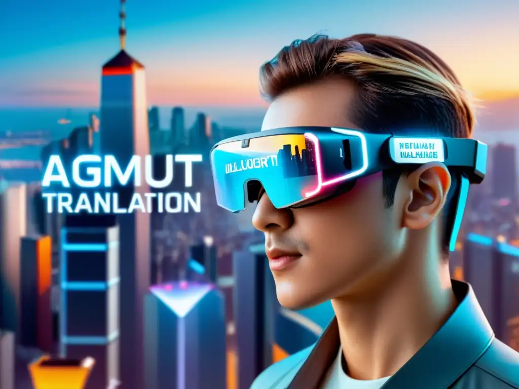 Un avance futurista: persona con gafas de realidad aumentada, mostrando texto multilingüe en la ciudad