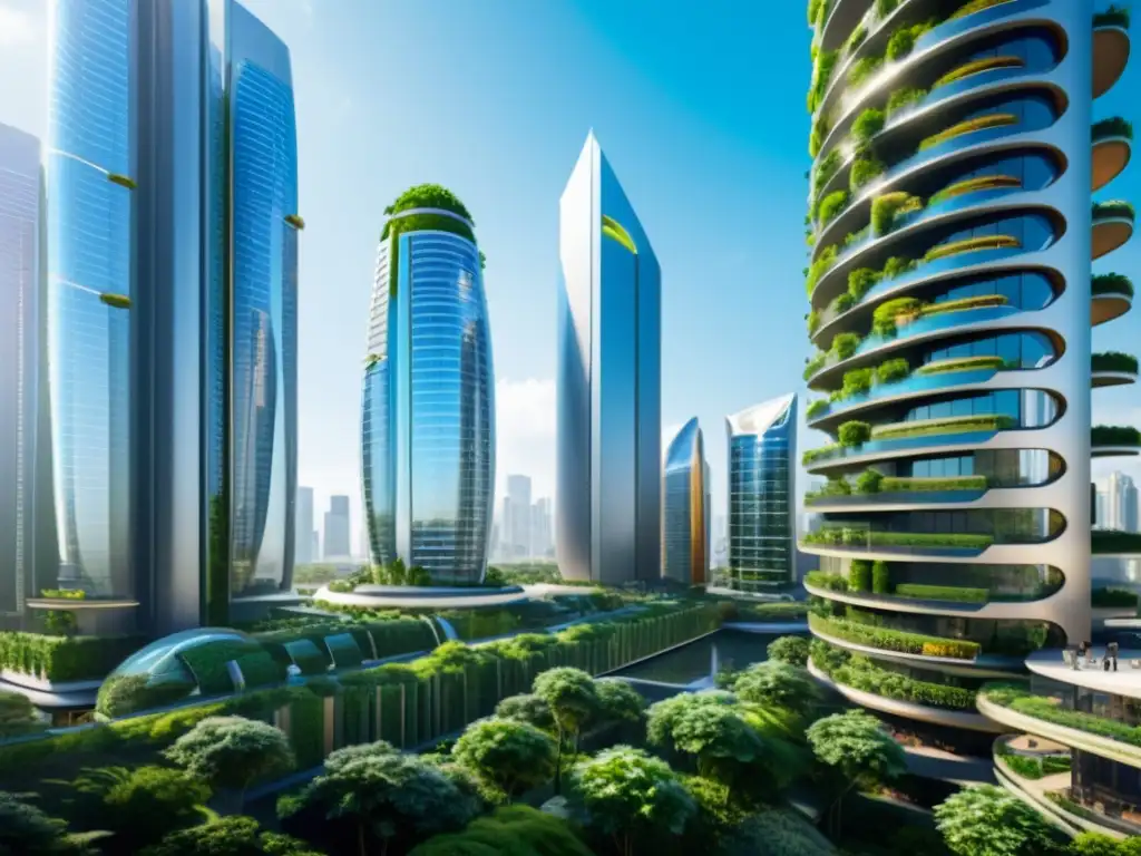 Avance bioplásticos revolución sostenible: Ciudad futurista con rascacielos ecológicos, jardines verticales y energía solar