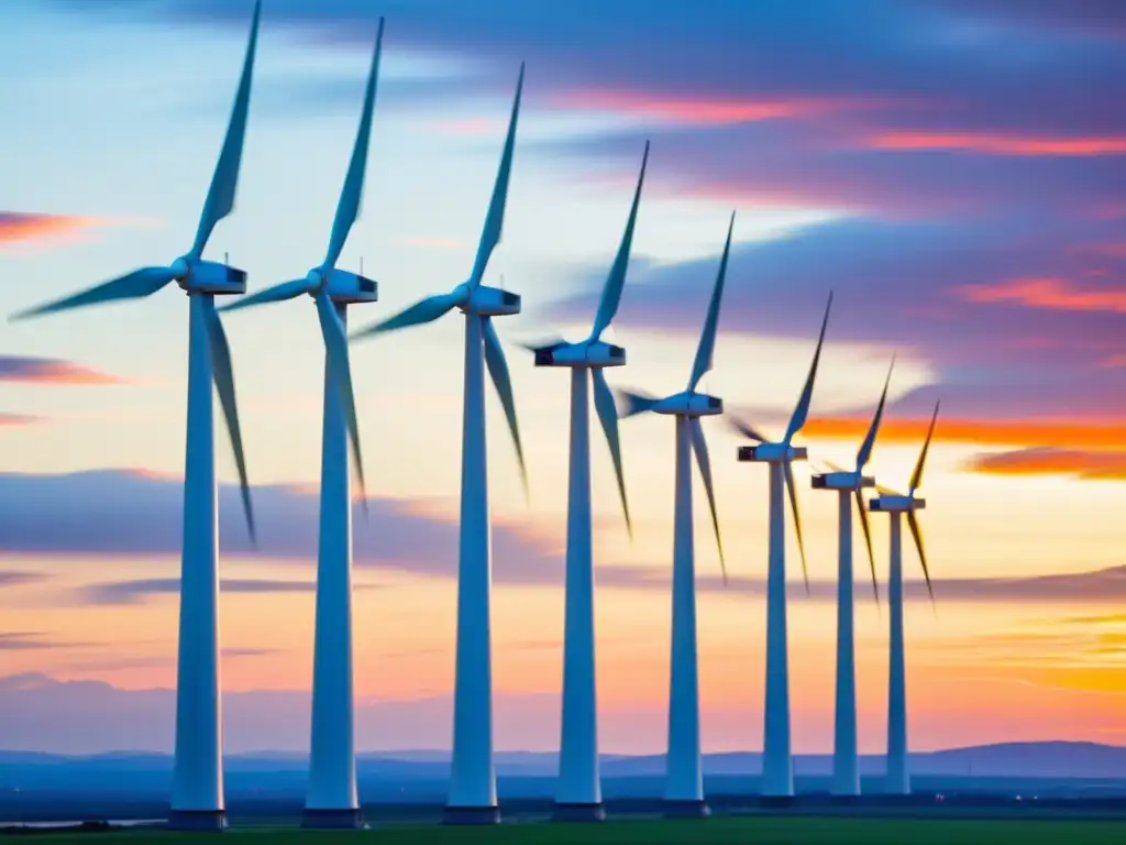 Avances en mantenimiento de energías limpias: Granja eólica al amanecer, con turbinas futuristas en movimiento contra un cielo vibrante y colorido