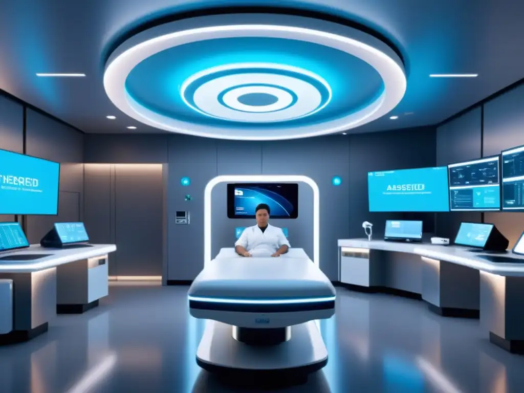 Avances en oncología gracias al 5G: Futurista instalación médica con equipamiento avanzado y tecnología integrada