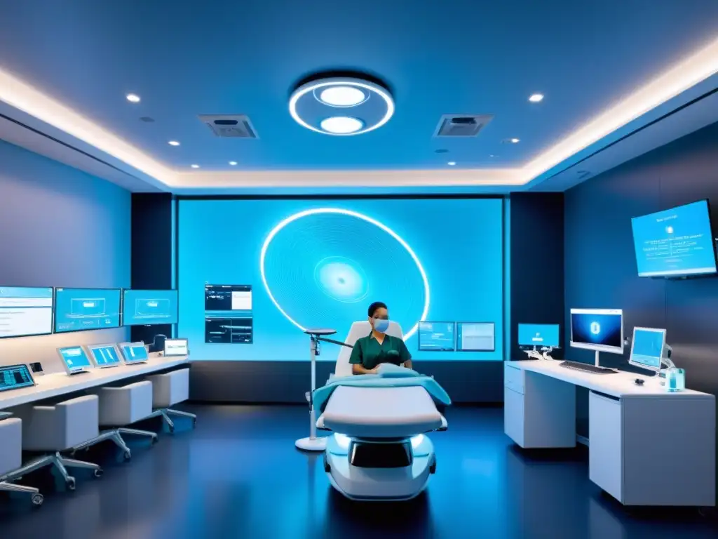 Avances en oncología gracias al 5G: Sala médica futurista con tecnología de vanguardia y profesionales colaborando en un ambiente innovador y progresivo