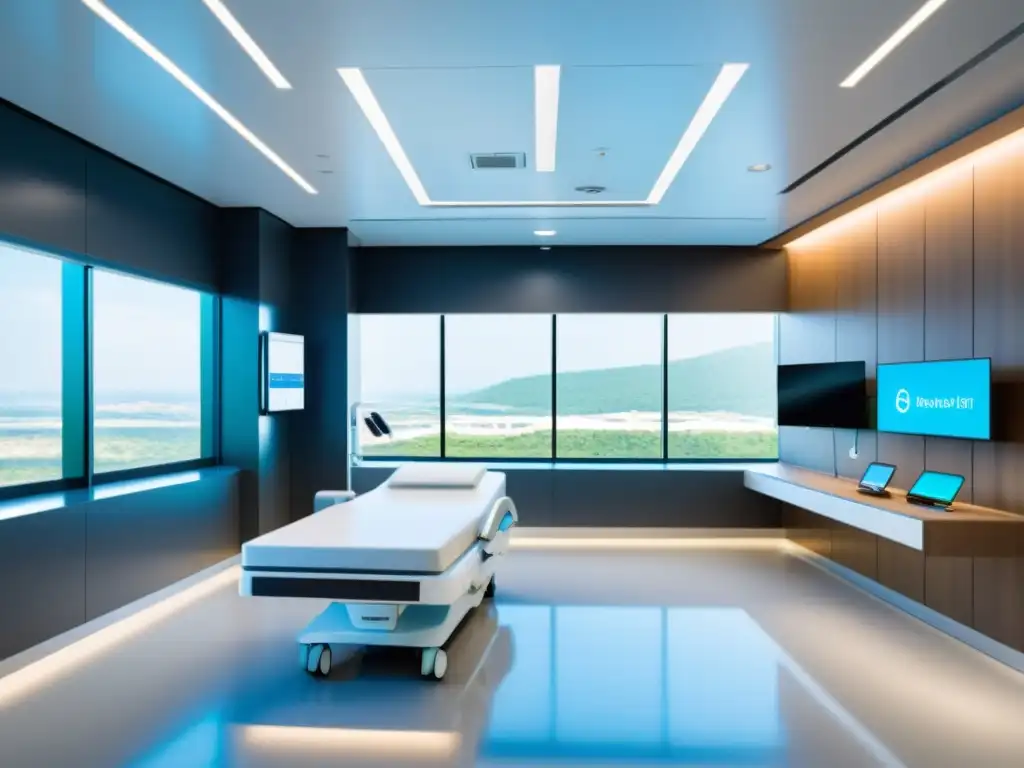 Avances tecnológicos IoT en Salud: Habitación de hospital moderna con dispositivos médicos integrados de alta tecnología