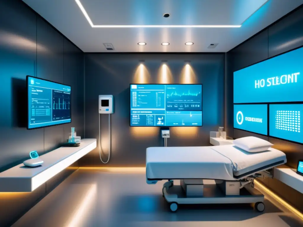 'Avances tecnológicos IoT en salud: Habitación hospitalaria futurista con dispositivos integrados y monitoreo médico en tiempo real