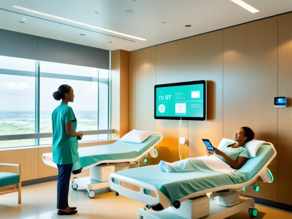 Avances tecnológicos IoT en Salud: Habitación hospitalaria moderna con dispositivos médicos inteligentes, monitores de salud y una atmósfera serena