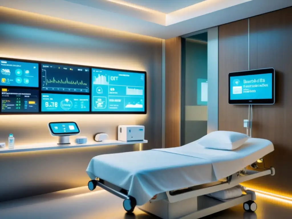 Avances tecnológicos IoT en Salud: Habitación hospitalaria moderna con dispositivos inteligentes monitorizando signos vitales en tiempo real en pantallas futuristas, bañada en luz calmante