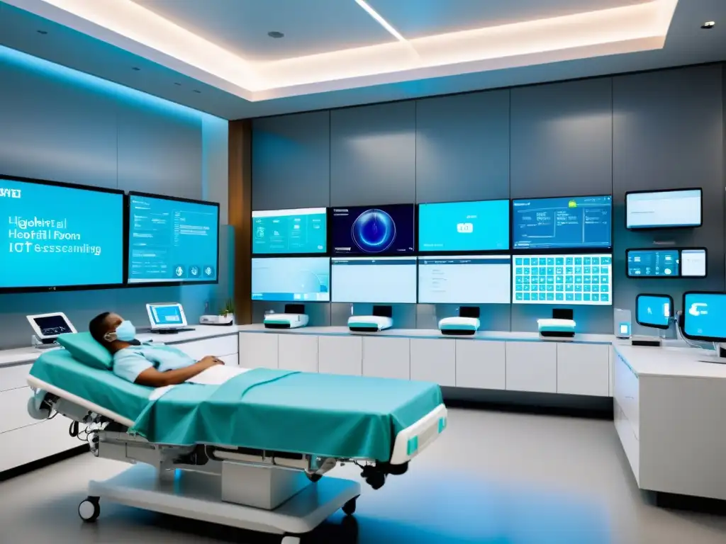 Avances tecnológicos IoT en salud: Moderna sala de hospital con equipos médicos futuristas y profesionales brindando atención excepcional