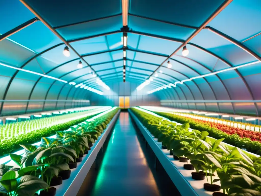 Avanzada transformación de la agricultura mediante biotecnología en invernadero futurista con cultivos genéticamente modificados y luces LED