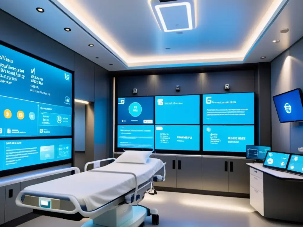 Avanzada asistencia sanitaria con tecnología 5G: sala futurista con equipamiento médico conectado y luz suave, reflejando innovación en salud