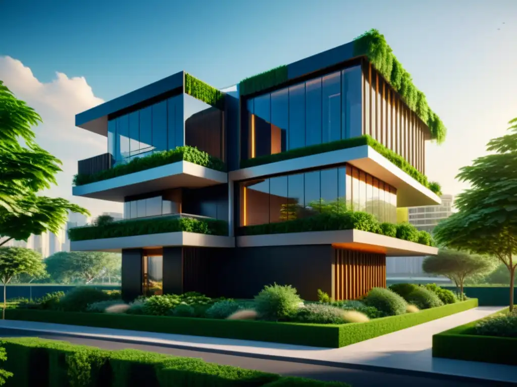 Visualización avanzada de datos en arquitectura: edificio futurista con diseño geométrico, rodeado de vegetación y paisaje urbano vibrante