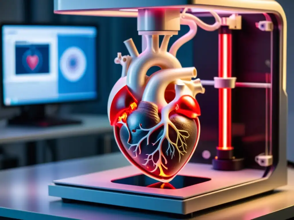 Avanzada impresión 3D de un detallado modelo de corazón humano, destacando la precisión y la medicina personalizada