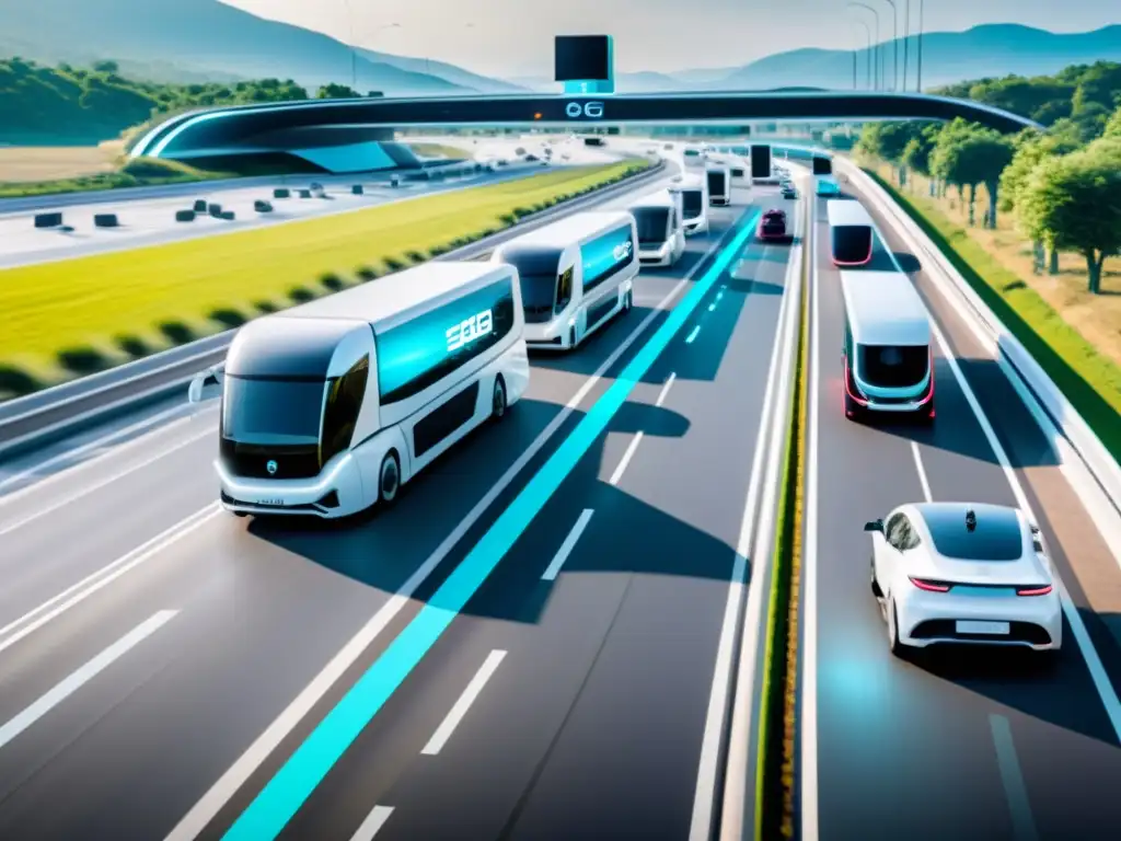 Avanzada gestión de flotas de vehículos comerciales en autopista futurista con 5G y tecnología innovadora