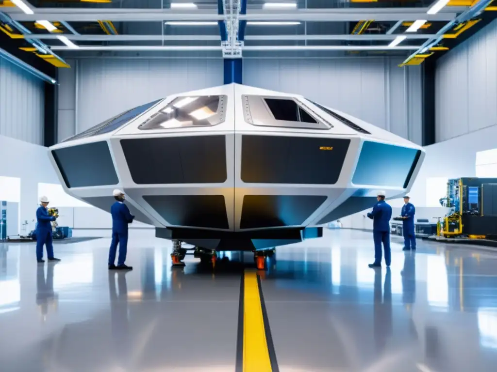 Avanzada integración de nanomateriales en la industria aeroespacial con una nave futurista en una instalación de manufactura de vanguardia