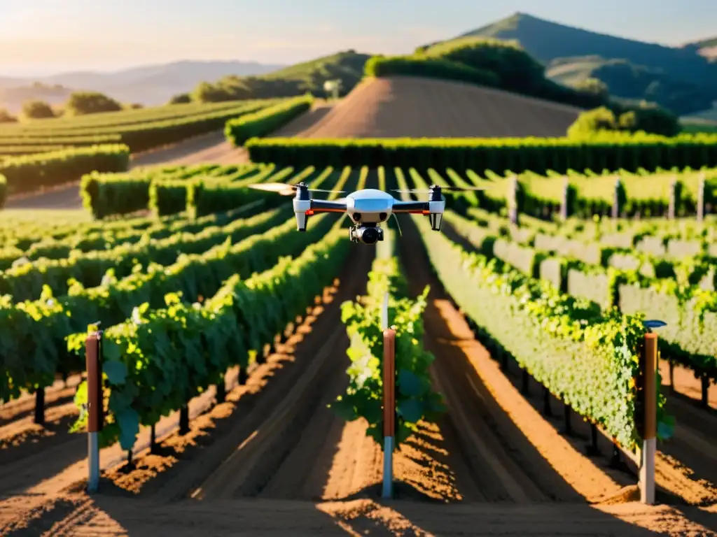 Avanzada robótica en viñedos: drones y vehículos autónomos en acción entre las vides, mostrando la innovación tecnológica en viticultura