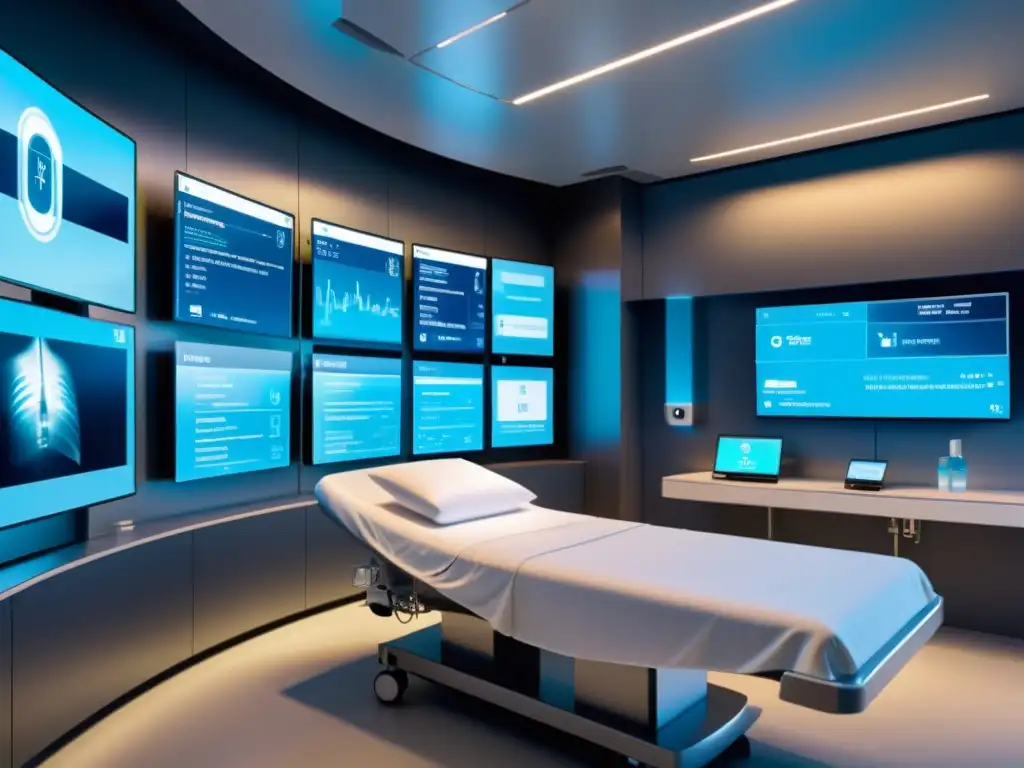 Avanzada sala de hospital futurista con implantes 5G monitorización tiempo real, equipos médicos y diseño moderno