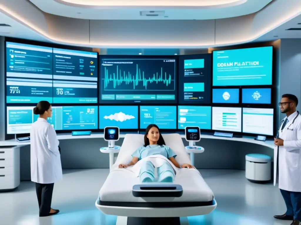 Avanzada sala de hospital futurista con médicos usando herramientas de inteligencia artificial para análisis médico