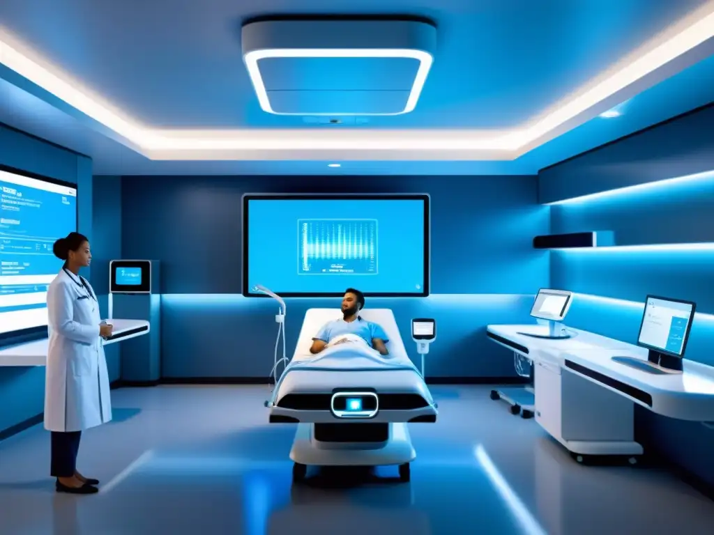 Avanzada sala de hospital futurista con monitoreo remoto de pacientes y dispositivos IoT integrados, transformando la atención médica