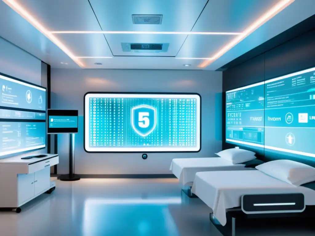 Avanzada sala hospitalaria con tecnología 5G protegiendo datos de salud