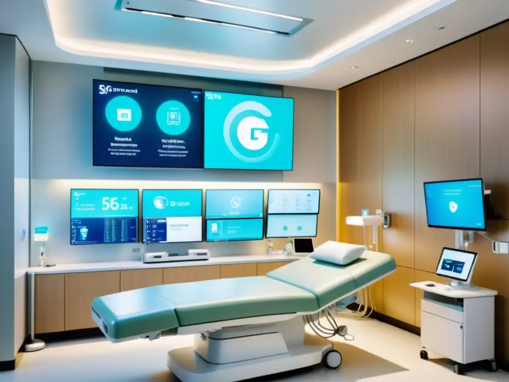 Habitación hospitalaria 5G: Tecnología médica futurista y eficiente Avanzada sala hospitalaria con dispositivos médicos 5G, luz natural y diseño futurista
