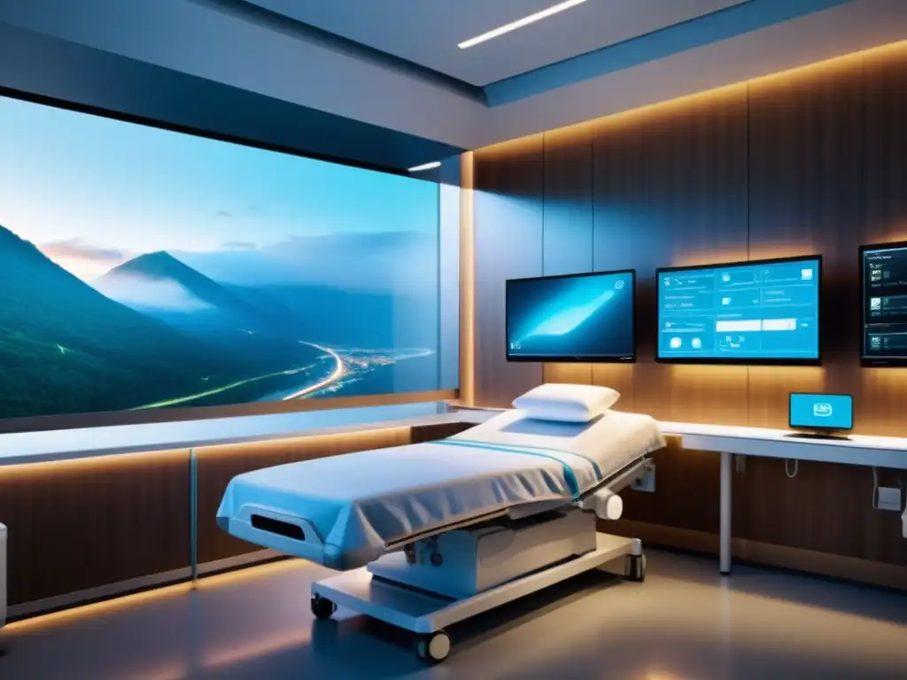 Avanzada tecnología de monitoreo de pacientes a distancia en una habitación de hospital moderna, con una atmósfera futurista y acogedora