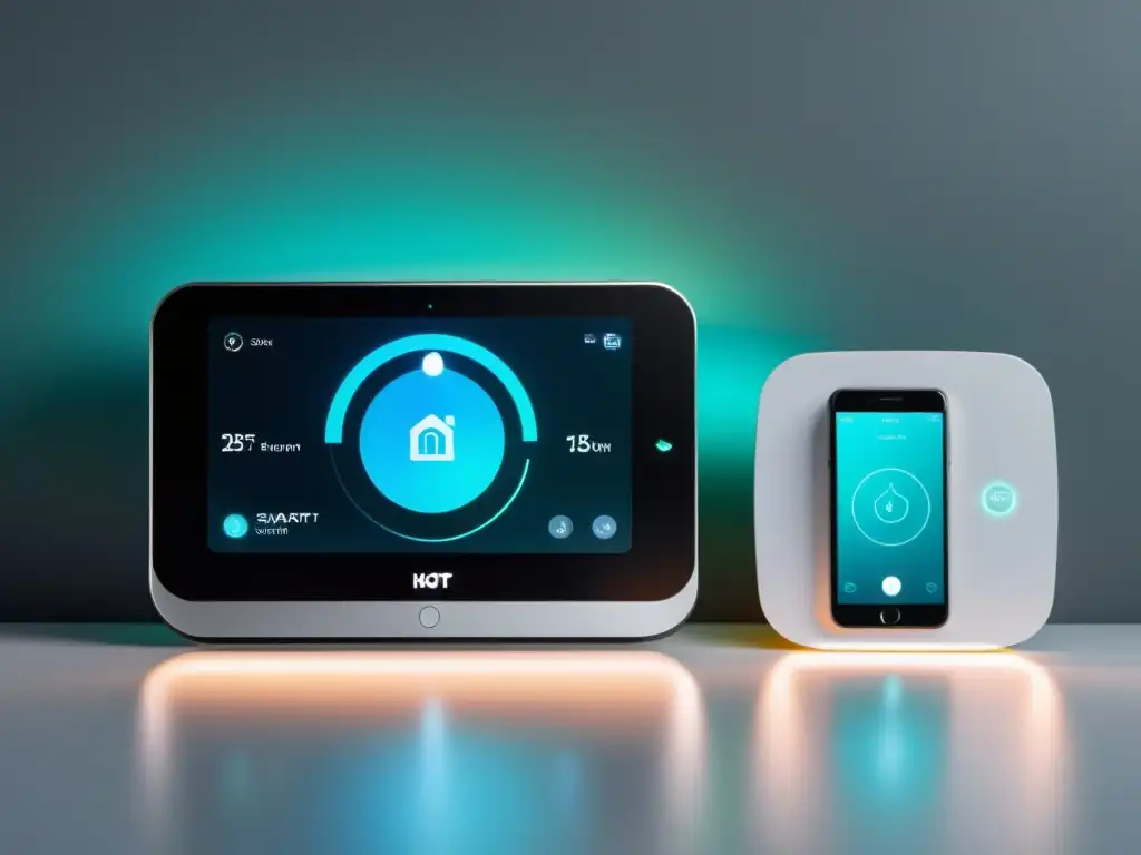 Avanzado sistema de seguridad para el hogar con dispositivos IoT, destacando estrategias de seguridad para dispositivos IoT con un diseño minimalista y futurista