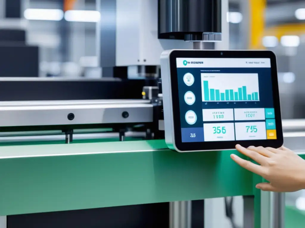 Avanzado sistema de sensores IoT integrado en máquina de fabricación de plástico, mostrando métricas de producción en tiempo real