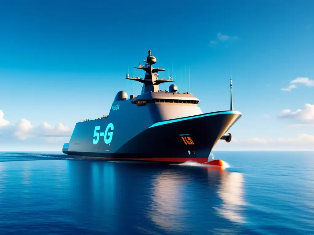 Navío naval futurista con tecnología 5G avanzada Barco naval futurista con tecnología 5G, mostrando transformación en la industria, navegando en aguas azules