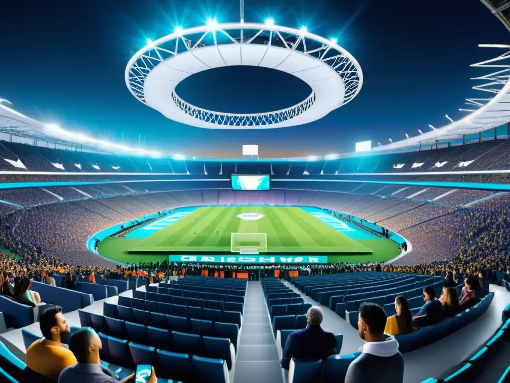 Estadio 5G: Conectividad inmersiva y energía vibrante Beneficios del 5G en eventos masivos: Estadio lleno de gente conectada a smartphones, vibrante y dinámico, gracias a la red 5G
