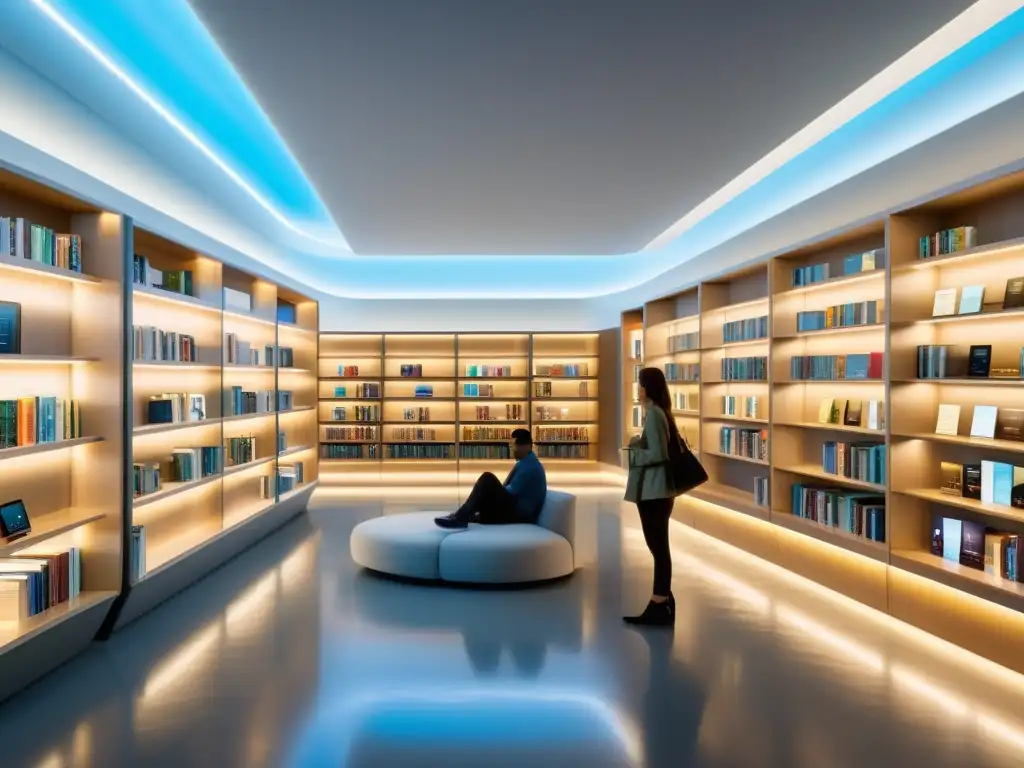 Una biblioteca futurista con tecnologías emergentes en la industria editorial, luz natural y acogedores rincones de lectura