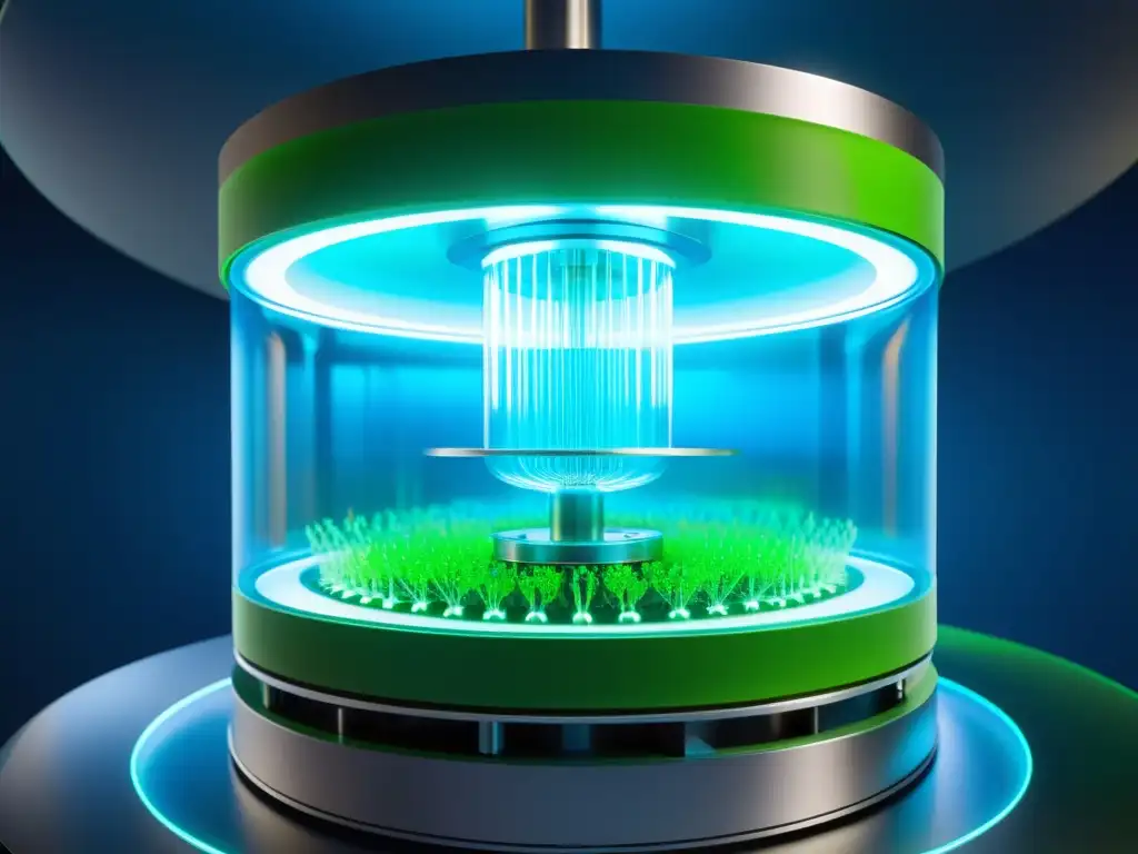 Un bioreactor de alta tecnología con enzimas biotecnológicas reciclando residuos orgánicos, con vibrantes tonos verdes y azules iluminando el interior