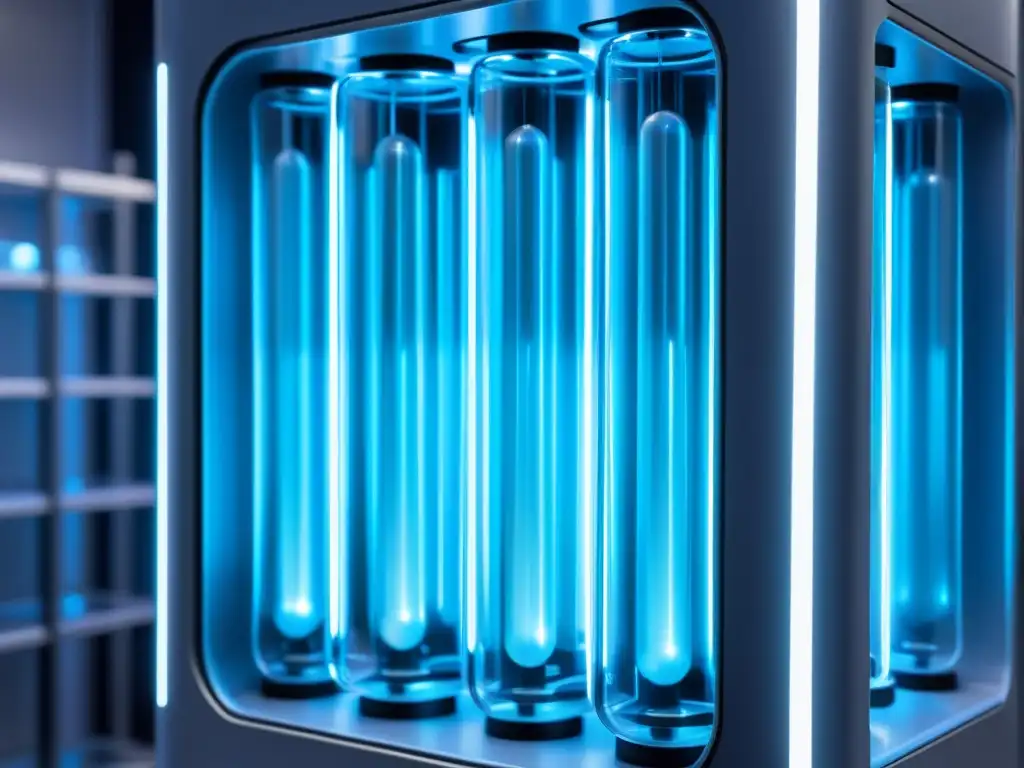 Un bioreactor transparente con órganos artificiales pulsantes conectados a una red de tubos y cables, iluminado con un suave brillo azul futurista