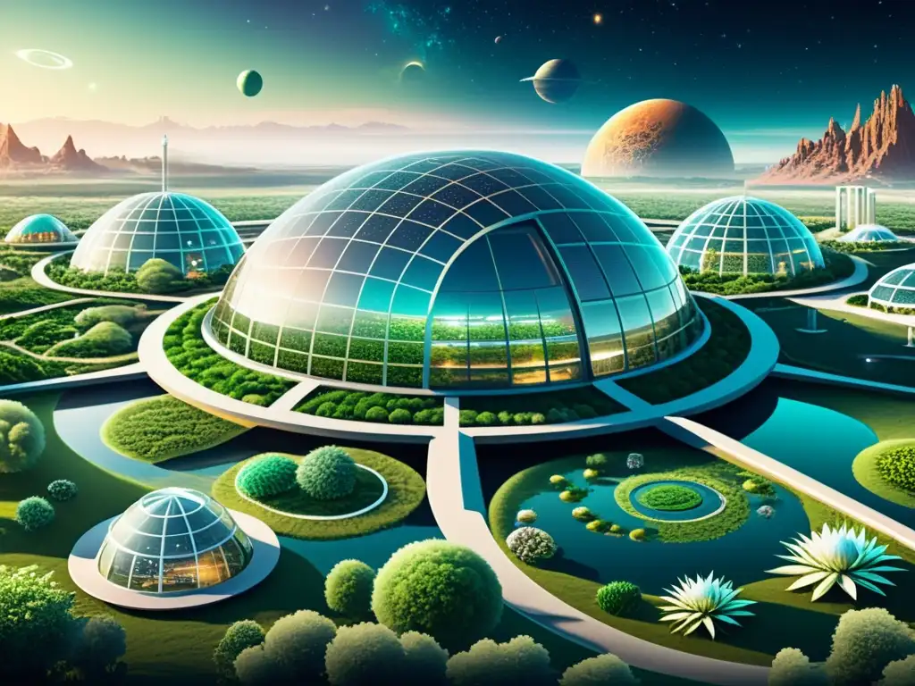 Biotecnología espacial para vida planetaria: Ilustración digital de una colonia futurista en un planeta distante, con laboratorios y invernaderos integrados, rodeada de flora y fauna alienígena