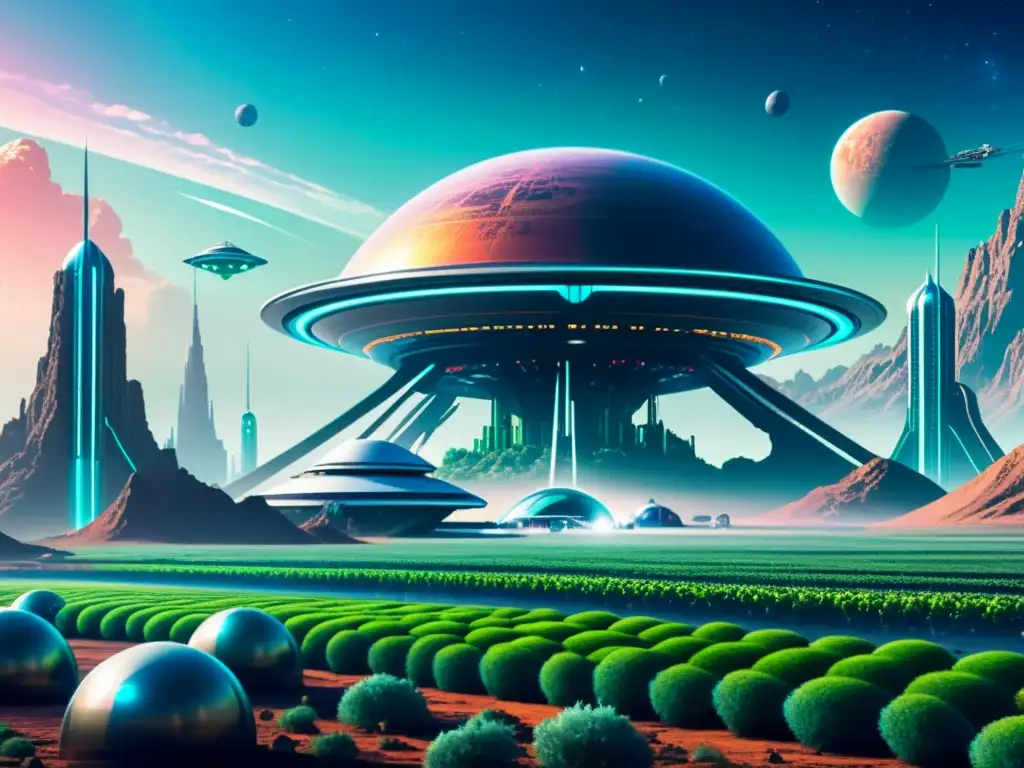 Biotecnología espacial para vida planetaria: Futurista colonia en un planeta distante, con ciencia, tecnología y un paisaje alienígena impresionante