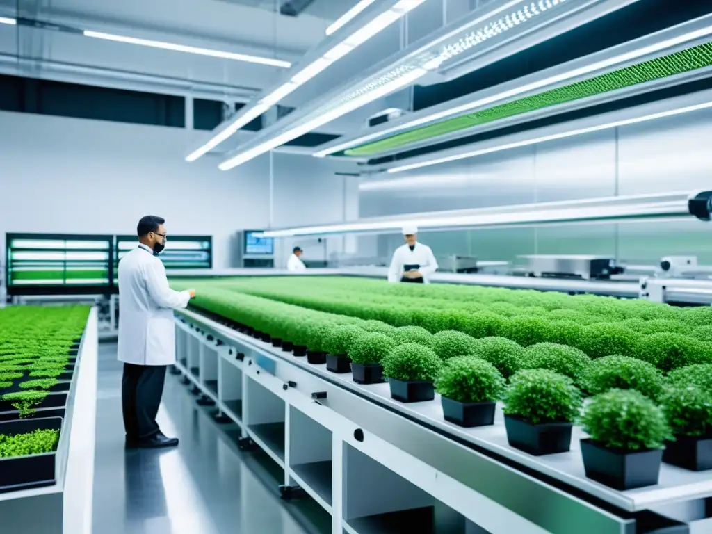 Biotecnología en textiles inteligentes: Instalación futurista con maquinaria avanzada y vegetación, simbolizando innovación y sostenibilidad