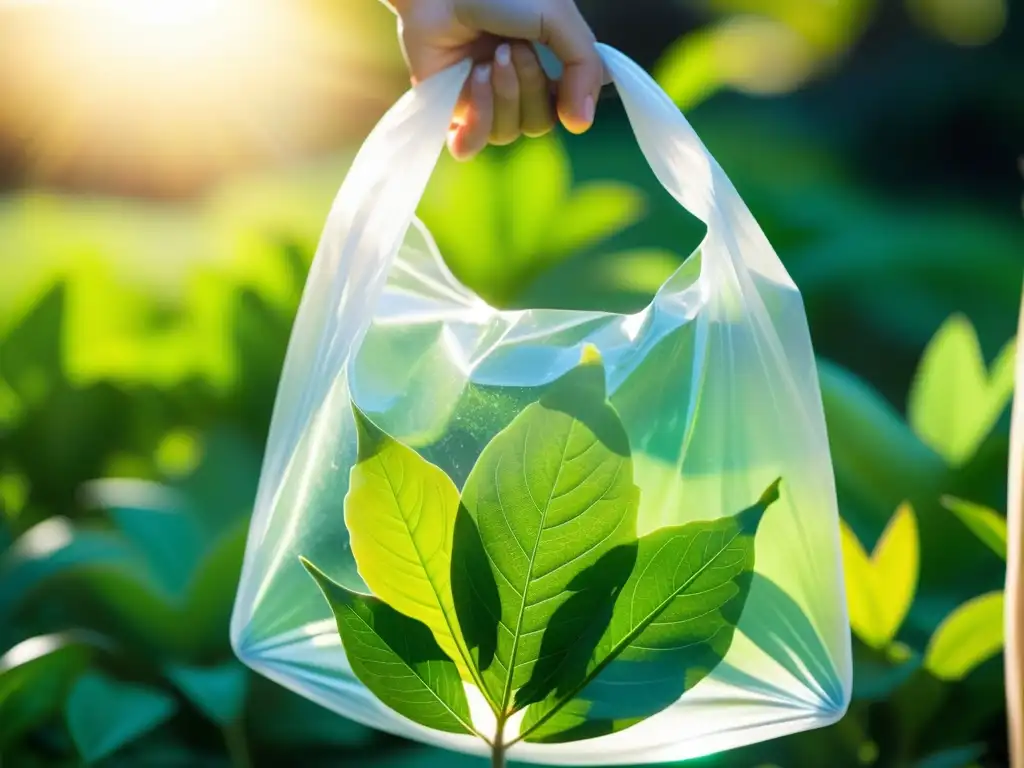 Un bolsa biodegradable llena de hojas verdes, bañada por la luz del sol