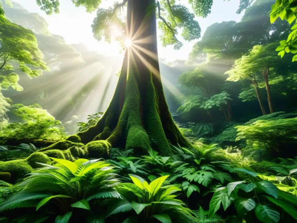 Un bosque exuberante con luz solar filtrándose a través del dosel, resaltando la frondosidad vibrante y creando una atmósfera serena y tranquila