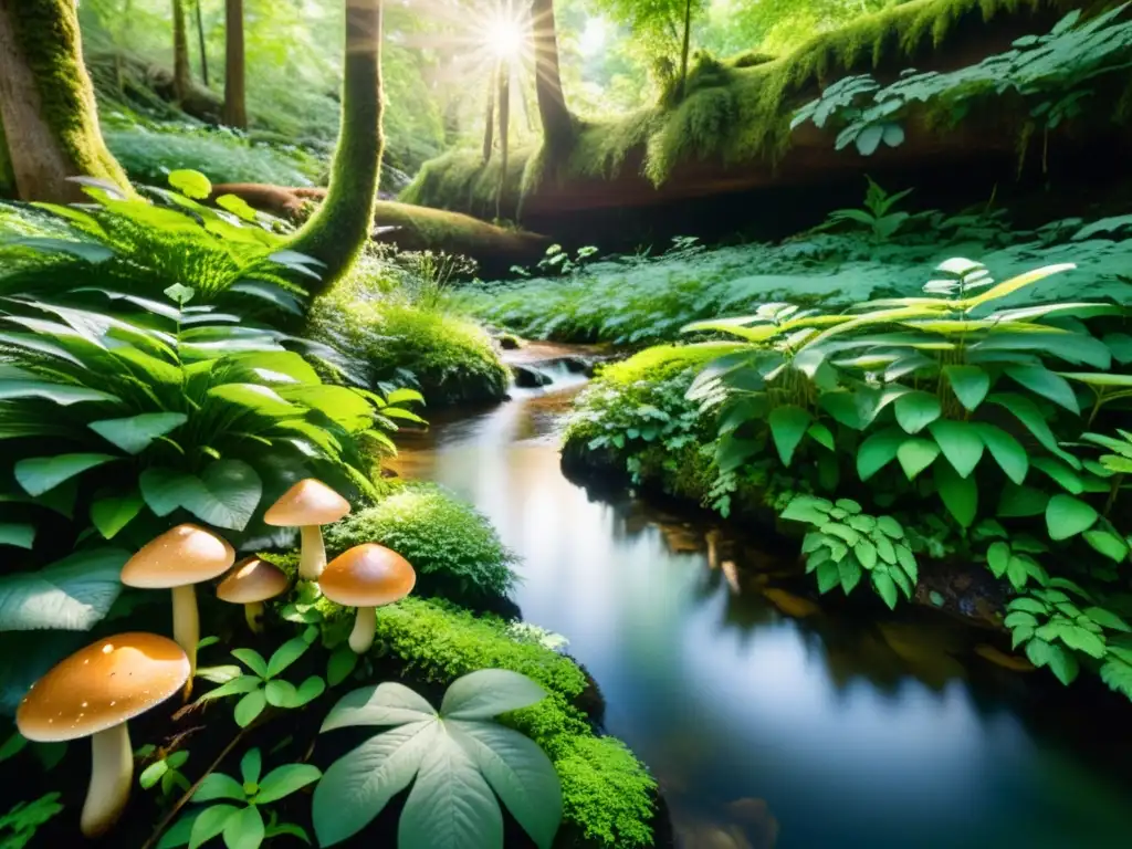 Bosque exuberante con rayos de sol entre las hojas, resaltando la vegetación diversa