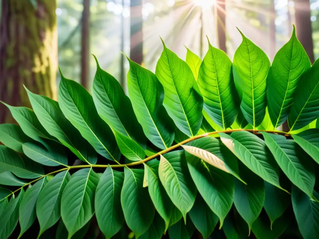 Un bosque exuberante y verde con luz solar filtrándose a través de las hojas, resaltando los patrones y texturas de la vegetación