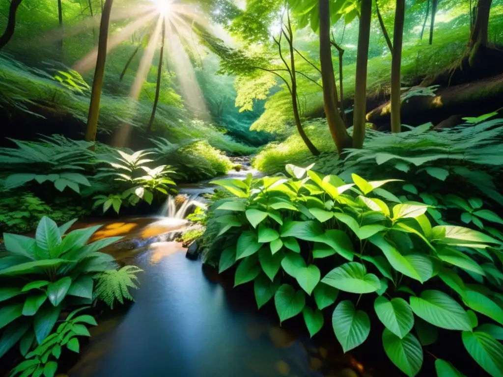 Un bosque exuberante y verde con luz solar filtrándose a través del dosel, resaltando hojas vibrantes y lanzando sombras moteadas en el suelo