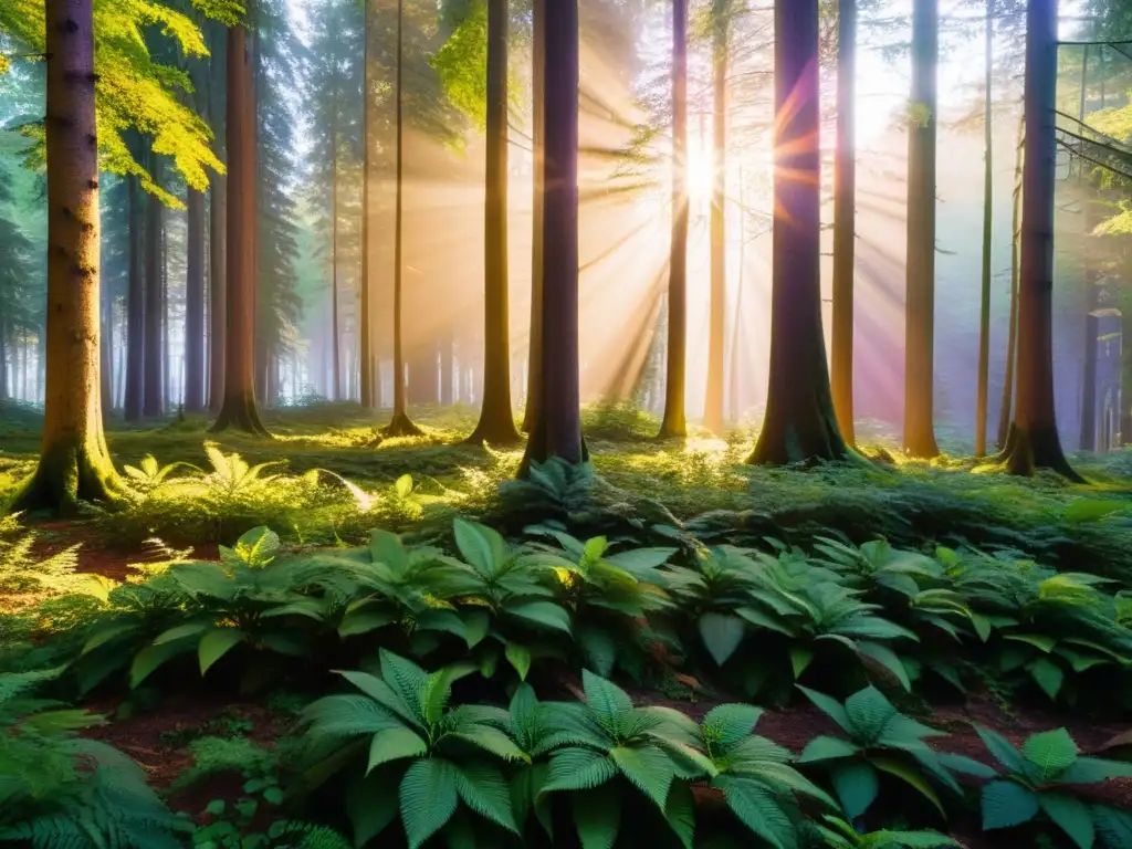 Un bosque exuberante y vibrante al atardecer, con luz dorada filtrándose entre las hojas y creando sombras dramáticas