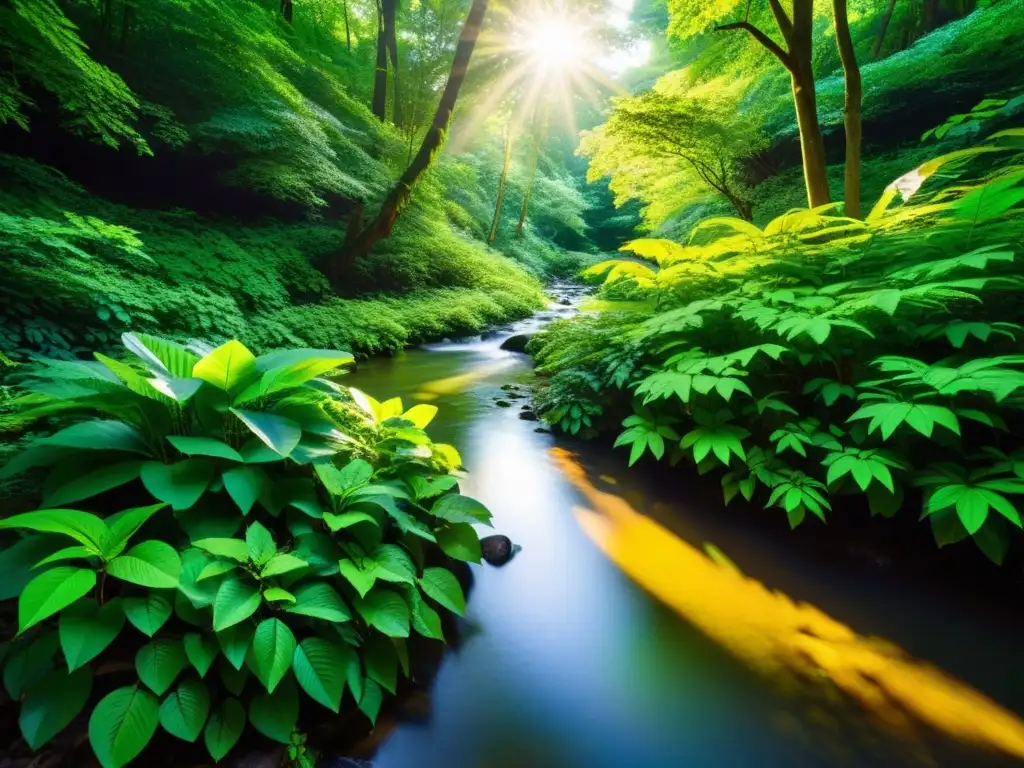 Un bosque exuberante y vibrante con luz solar filtrándose a través de la densa vegetación, iluminando un arroyo serpenteante