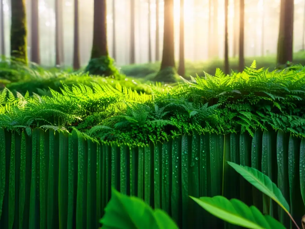 Un bosque exuberante y vibrante, con luz solar filtrándose entre las hojas