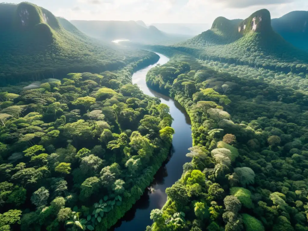 Un bosque tropical exuberante con vida silvestre diversa, río serpenteante y drones AI monitoreando el ecosistema