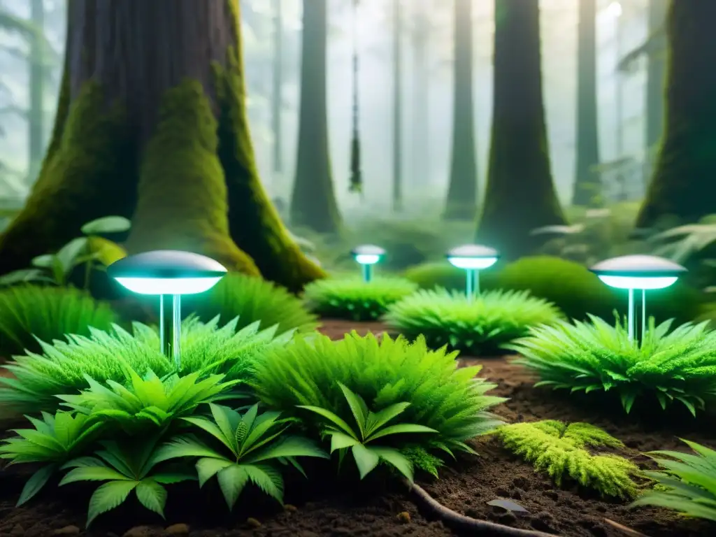 Un bosque vibrante y exuberante alberga nanosensores ambientales para salud planetaria, que emiten una suave luz futurista