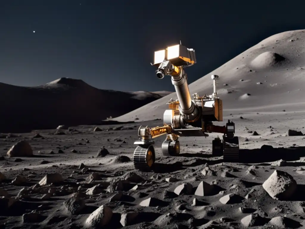 Un brazo robótico de alta tecnología se extiende en la desolada superficie lunar, preparando el regreso humano a la Luna